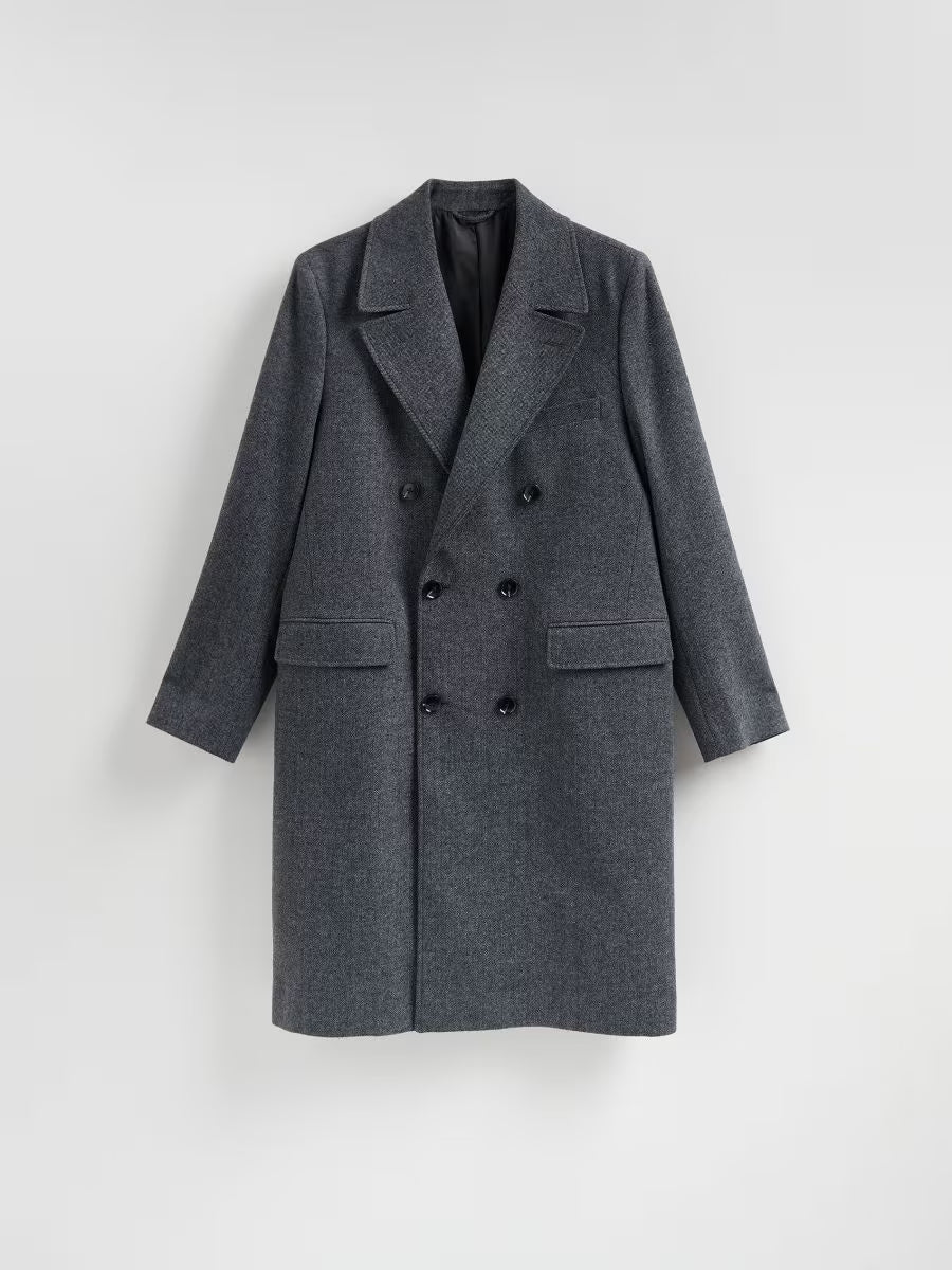 Mittelgrauer Zweireihiger Mantel - Wollgemisch