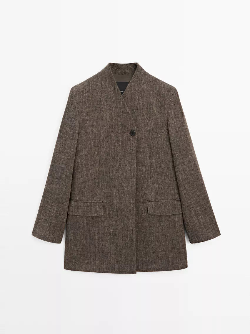 Melierter brauner Mantel mit Stehkragen - Wolle