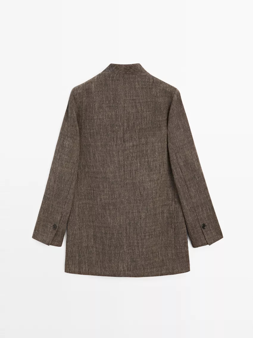 Melierter brauner Mantel mit Stehkragen - Wolle