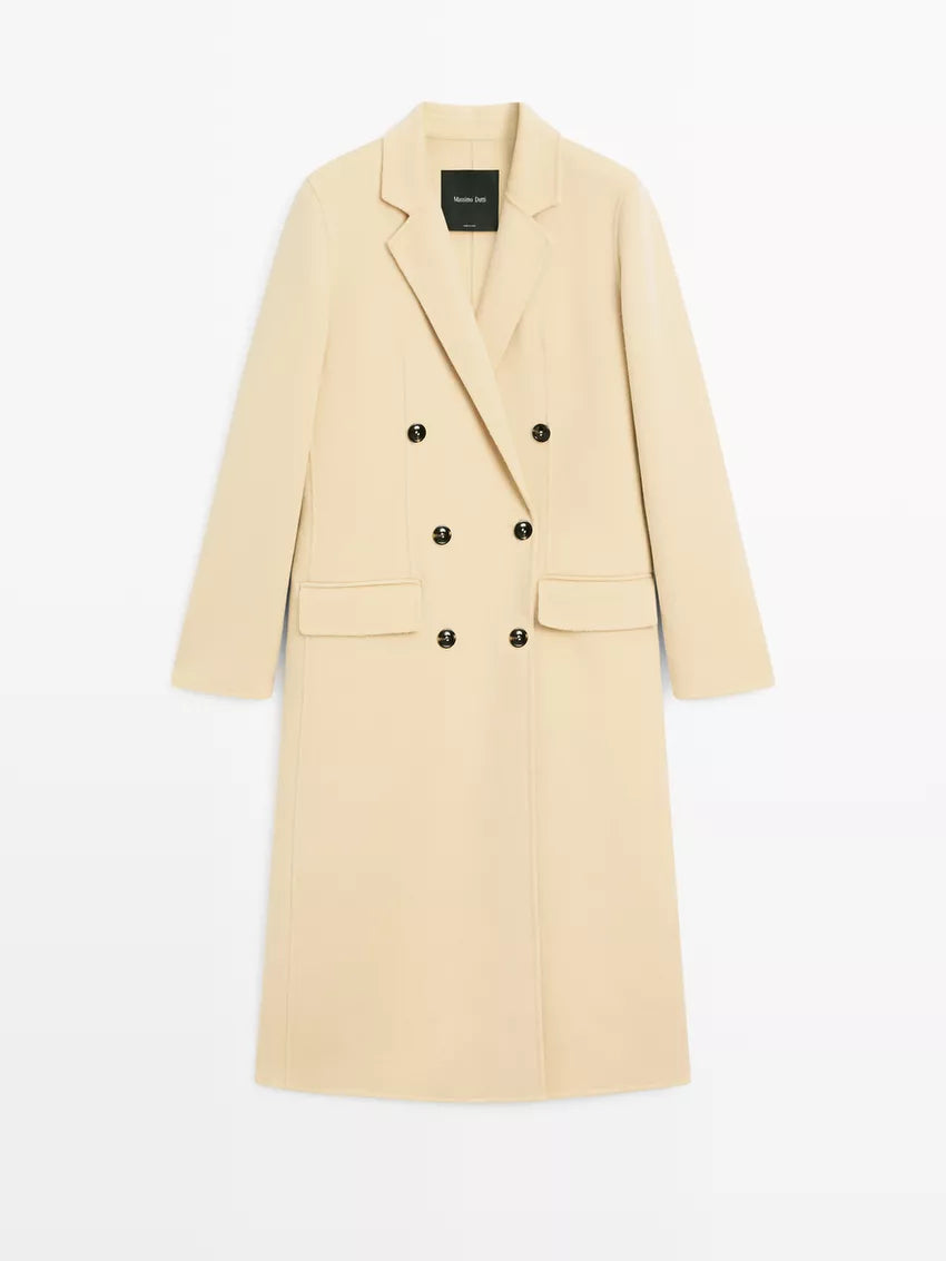 Langer zweireihiger Mantel in Beige aus Wollmischgewebe
