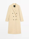 Langer zweireihiger Mantel in Beige aus Wollmischgewebe